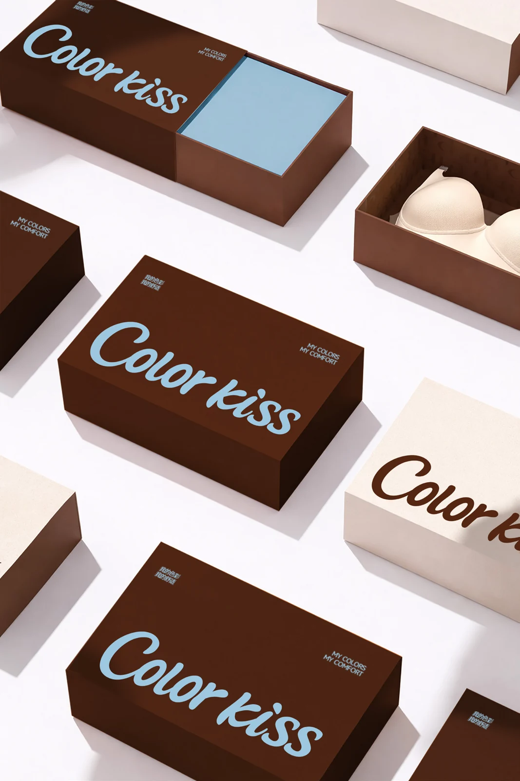 Chocolate brown Color Kiss packaging with the signature sky-blue logo